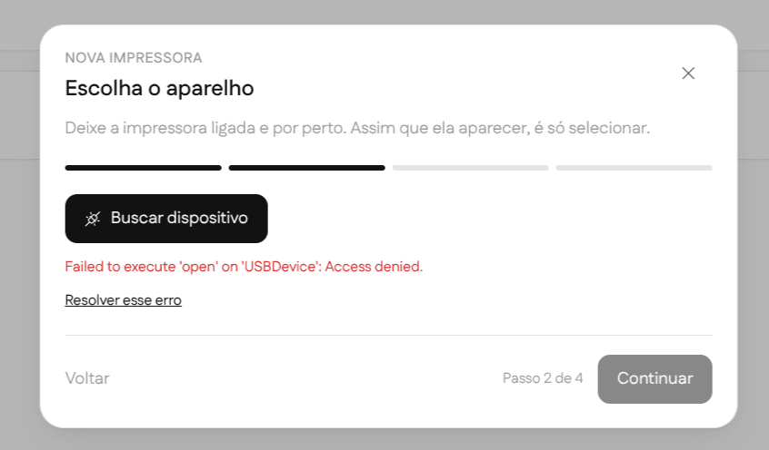 Assistente de cadastro de impressora do FidMenu mostrando o erro Failed to execute open on USBDevice, Access denied