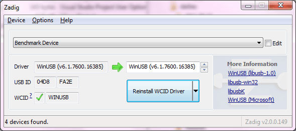 Zadig com o dispositivo selecionado e WinUSB já escolhido no campo de driver