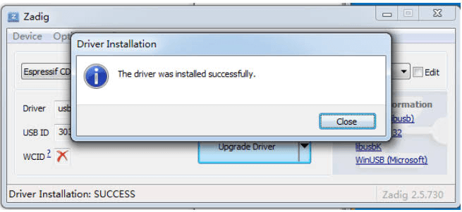 Janela do Zadig confirmando The driver was installed successfully, com o status Driver Installation SUCCESS