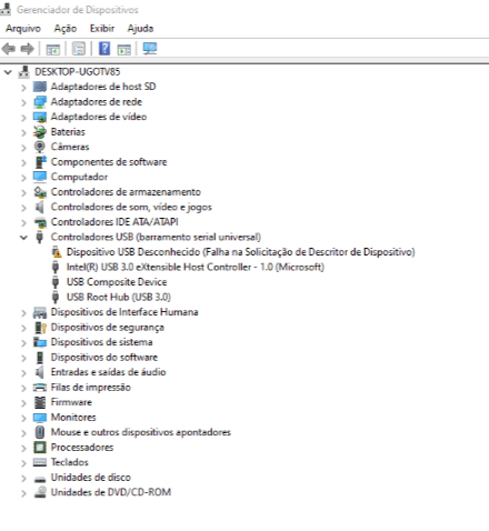 Gerenciador de Dispositivos do Windows com a árvore Controladores USB (barramento serial universal) expandida