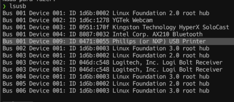 Terminal do Linux mostrando a saída do comando lsusb, com a linha Philips (or NXP) USB Printer destacada